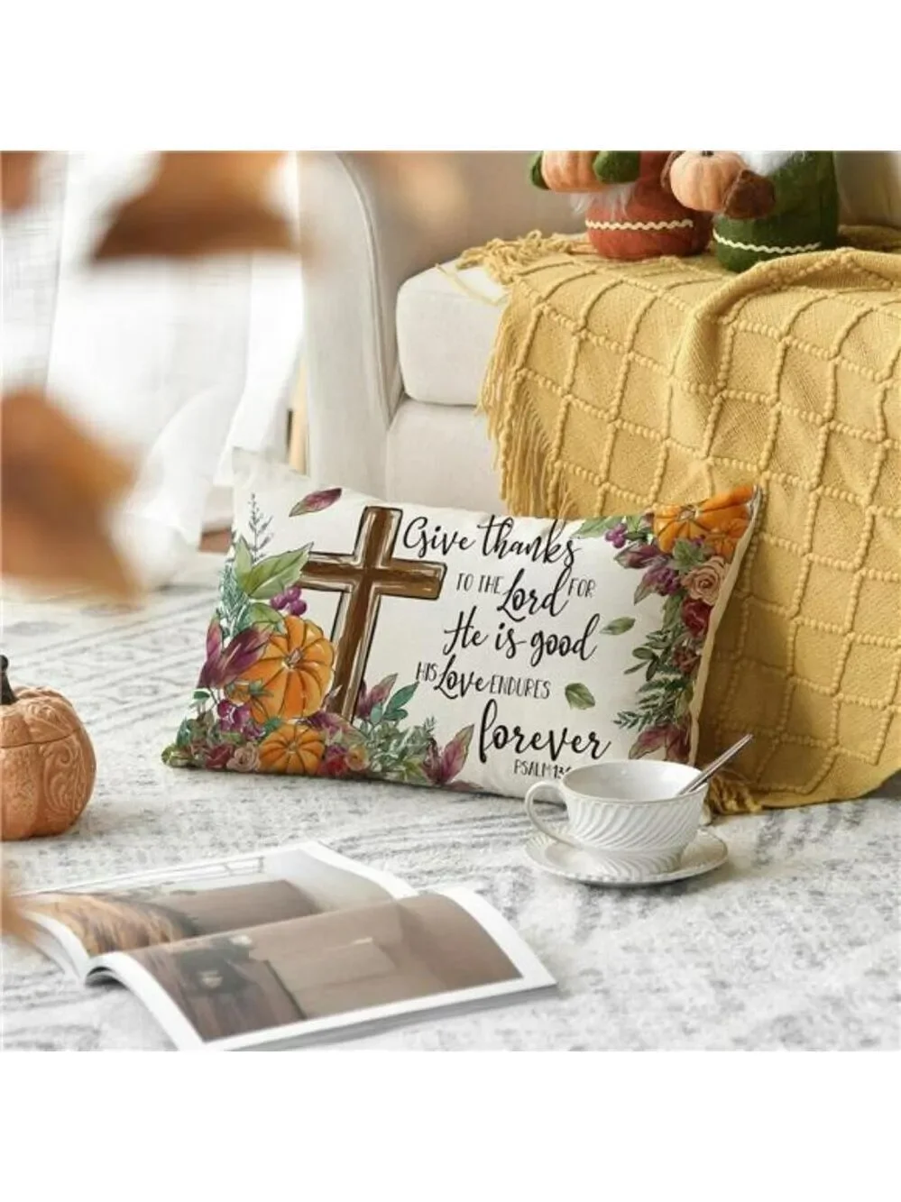 Thanksgiving Pillow Cover 12x20 Give Thanks Fall Harvest Cushion Case for Sofa C